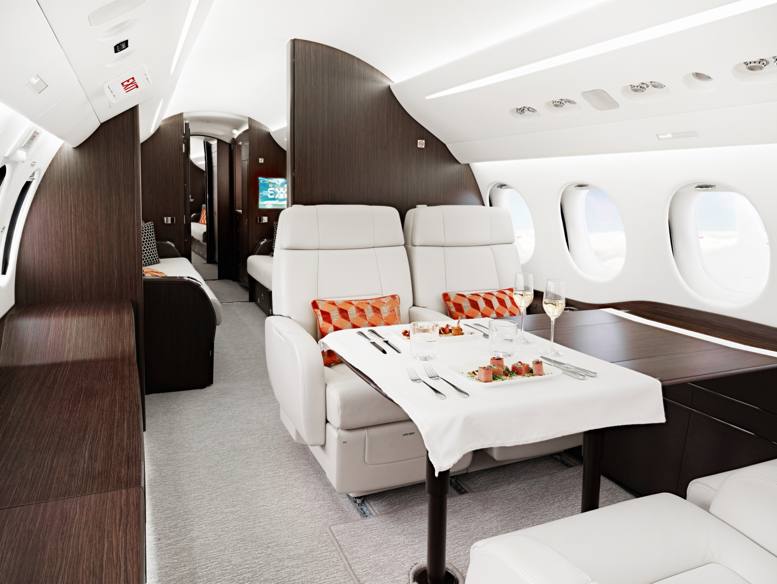 Falcon 7X Interior Dining Table of Exxaero the Private Jet Company