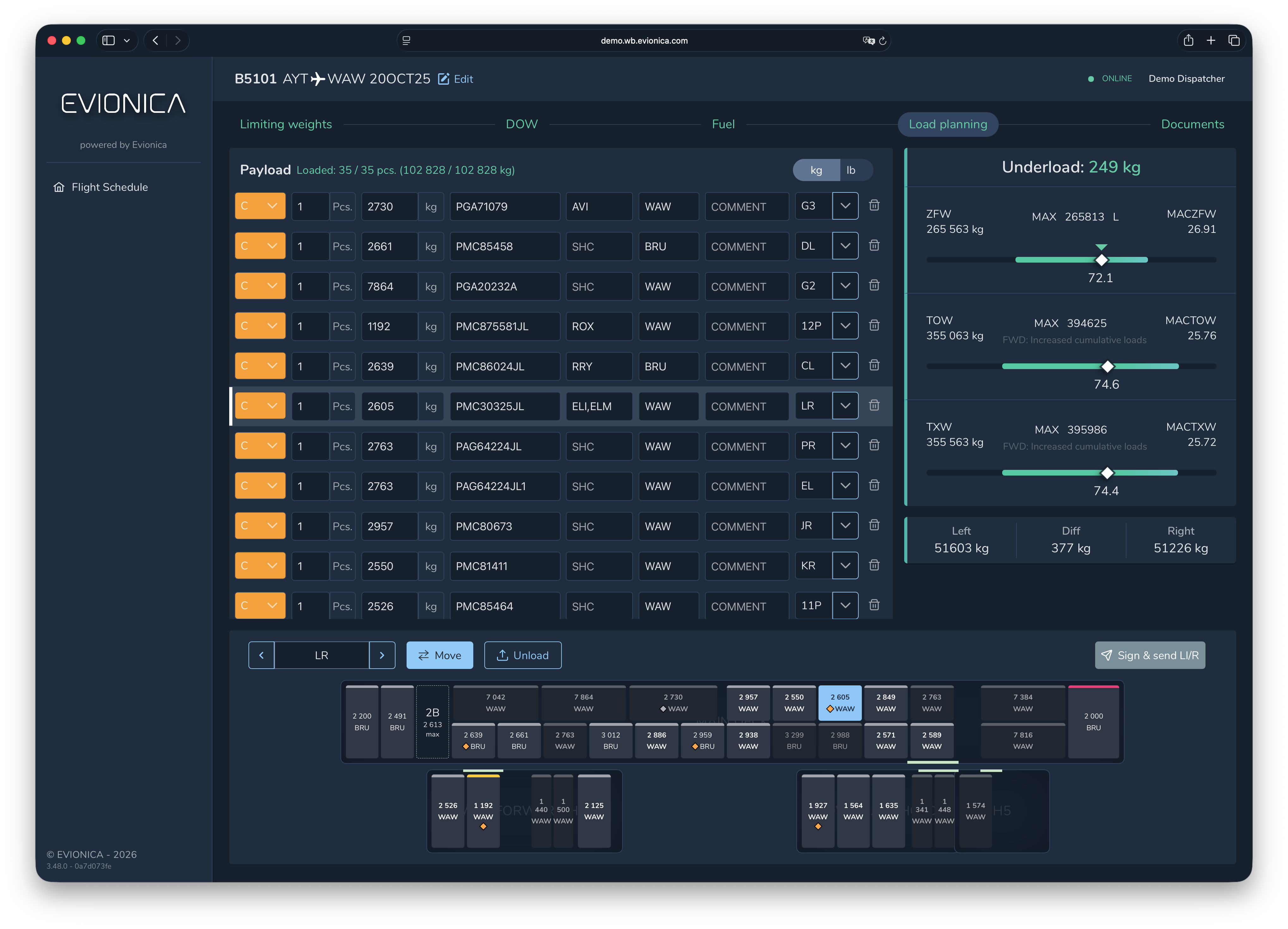 Evionica Load Plannig screen 1