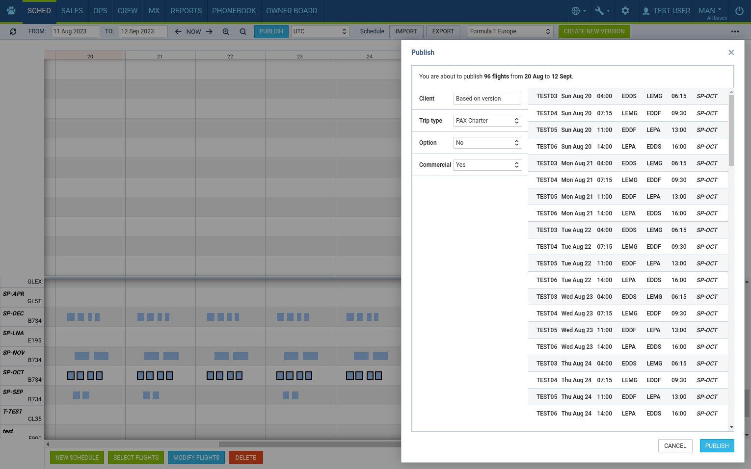 Publish  the selected flights of the schedule