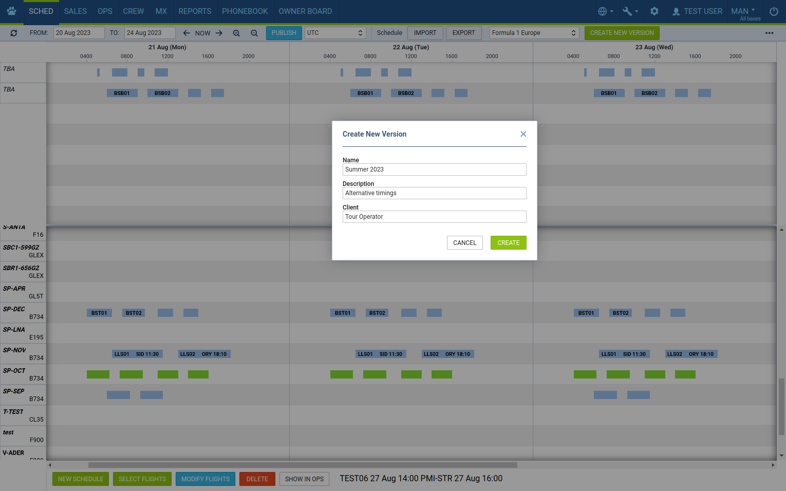 Create new Schedule  where schedules can be inserted either by uploading an SSIM or XLS file from a specific Client or by adding manually a new schedule without assigned aircraft