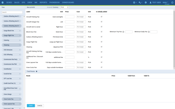 Define default Aircraft Fees & Airport Fees for future use in the Pricing section