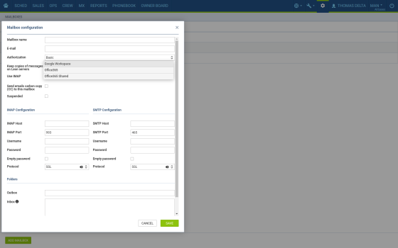 Mailboxes configuration view Admin panel