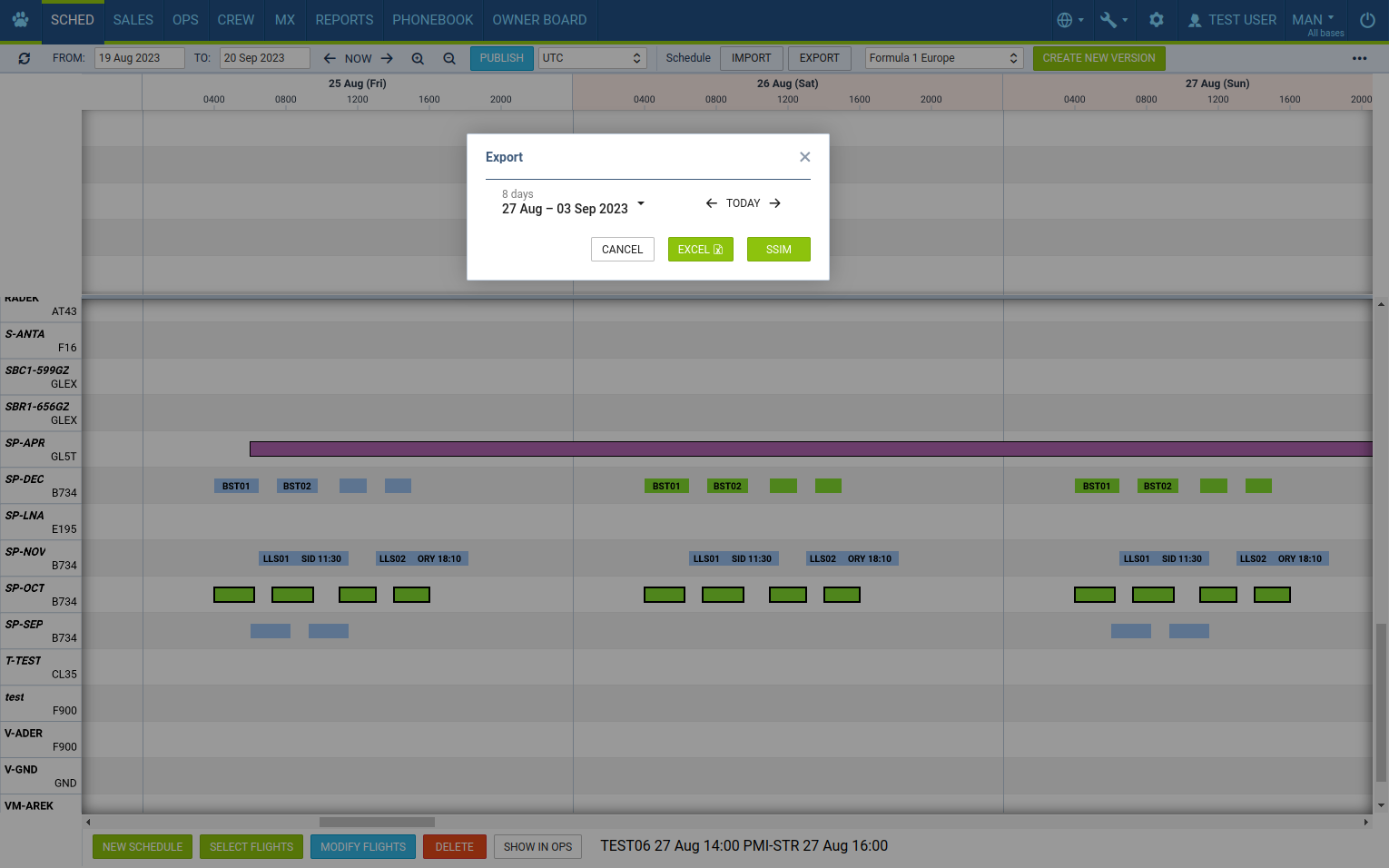 Export the schedule to a file.The schedule can be exported as SSIM or XLS file