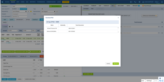 Share trip details like Crew, Handling, Aircraft, Slots, Ferry legs with your client.