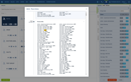 Sample privileges change history Admin panel